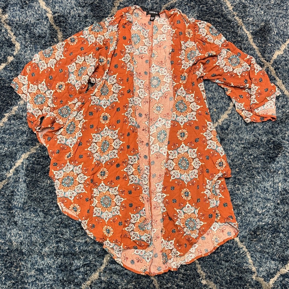 Torrid bohemian, brown and teal mandala kimono cover-up size 00/0